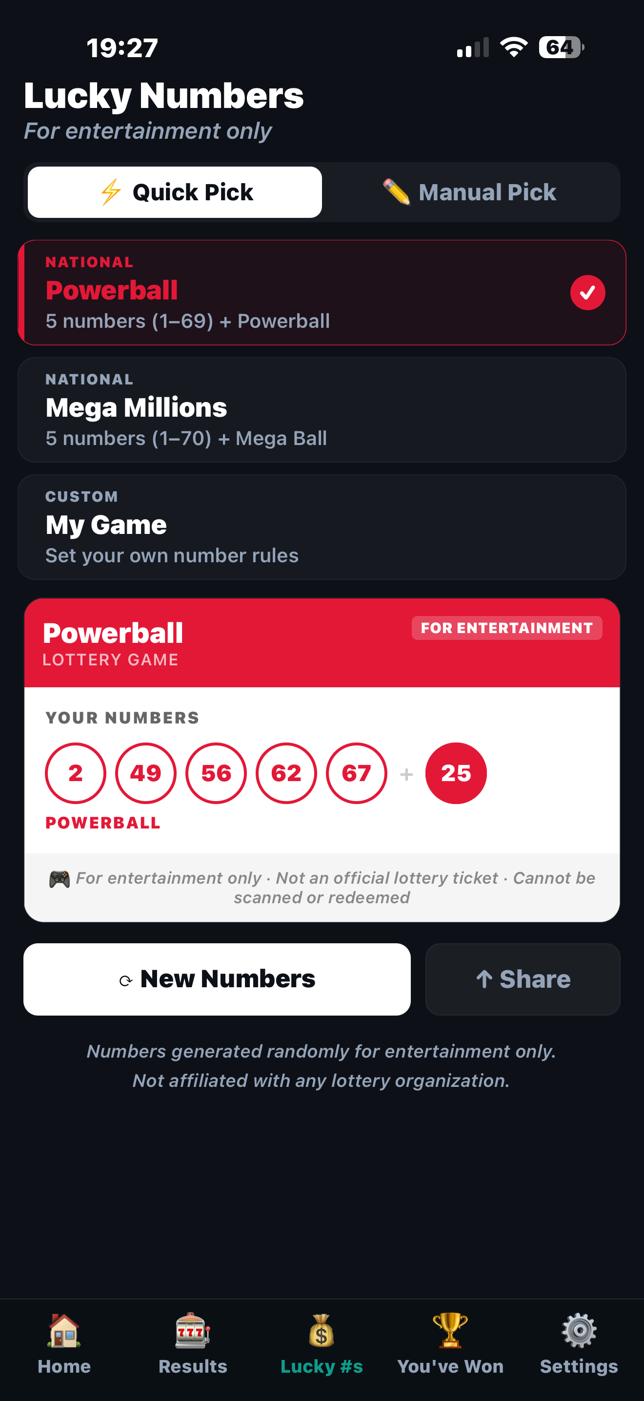 Lucky Numbers screen